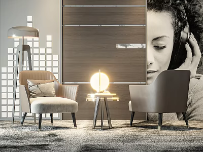 Modern Comfortable Lounge Chairs With Wooden Wall Panel Round Lamp And Side Table 3d model