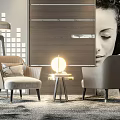 Modern Comfortable Lounge Chairs With Wooden Wall Panel Round Lamp And Side Table