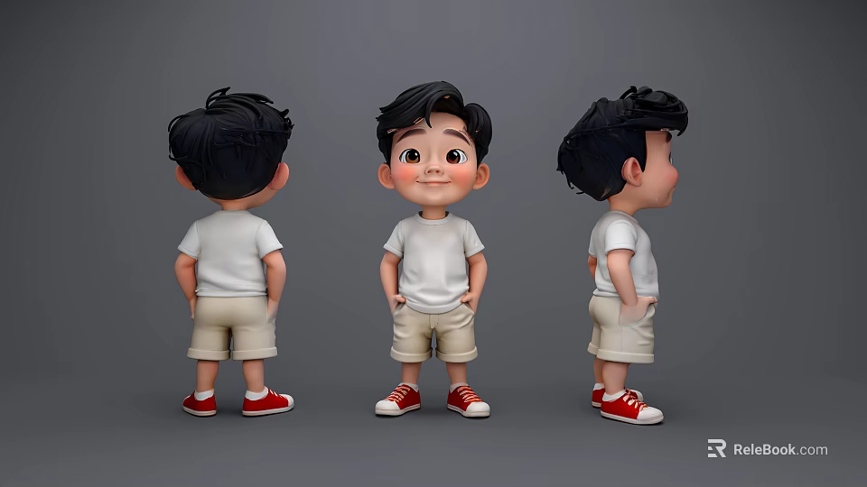 3D Modeled Animated Game Character Young Boy Three Angles White T-shirt Beige Shorts Red Sneakers 3d model 