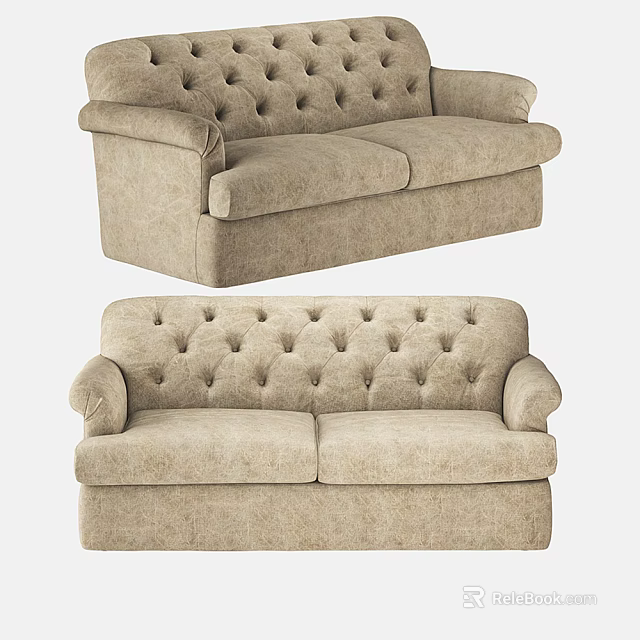 Classic Beige Fabric Two Seater Sofa With Tufted Backrest And Armrests 3d model