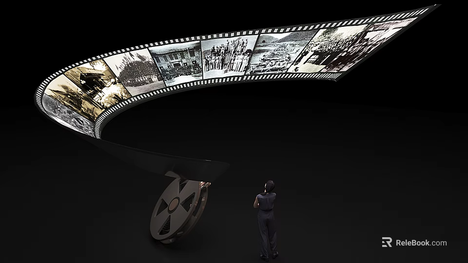 Large Curved Film Strip Exhibition With Vintage Images And Person Watching Silhouette 3d model 