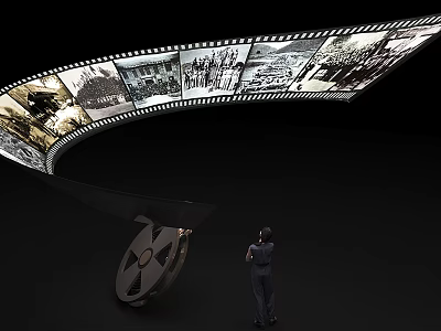 Large Curved Film Strip Exhibition With Vintage Images And Person Watching Silhouette 3d model