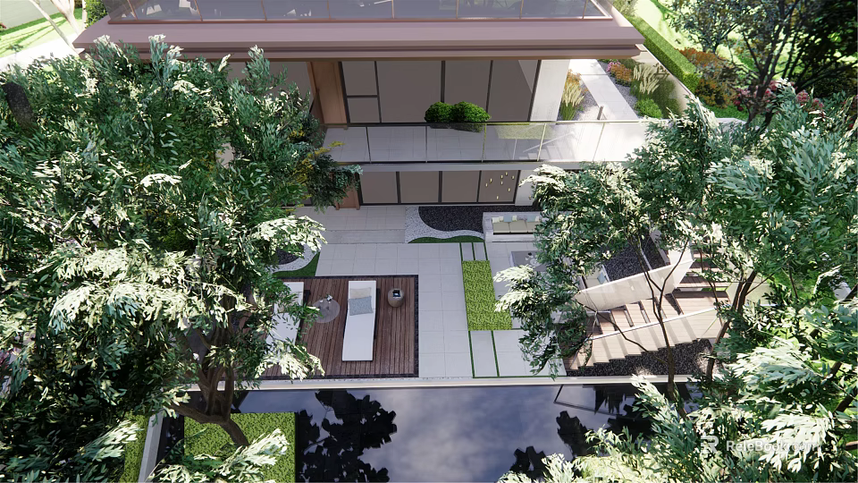 Modern Garden Landscape With Lush Greenery Trees Stone Pathways Seating Area And Water Reflection 3d model