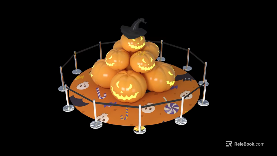 Halloween Photo Spot Featuring Stack Of Smiley Pumpkins Wizard Hat Fence And Decorations 3d model 