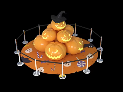 Halloween Photo Spot Featuring Stack Of Smiley Pumpkins Wizard Hat Fence And Decorations 3d model