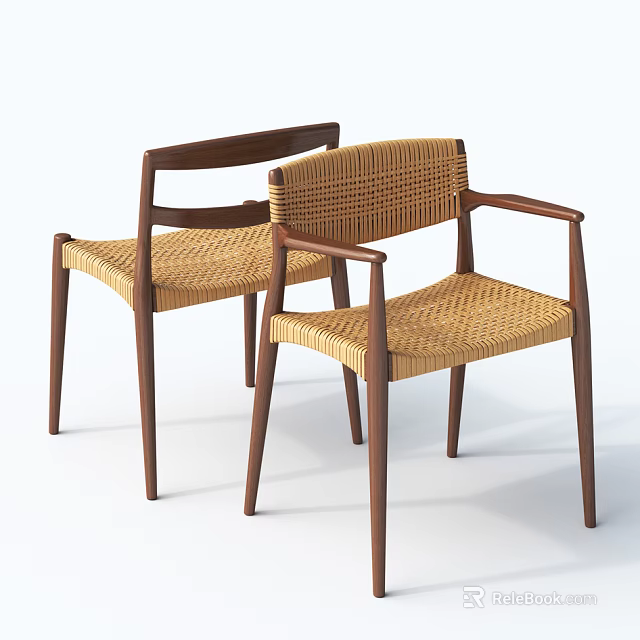 Two Modern Leisure Chairs With Woven Seat Backrest And Wooden Armrest Frame Design 3d model 