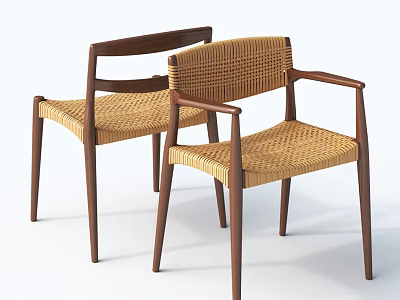 Two Modern Leisure Chairs With Woven Seat Backrest And Wooden Armrest Frame Design 3d model