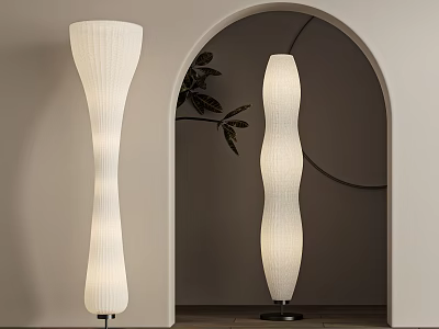 Modern Floor Lamp With White Textured Shade In Indoor Archway And Plant Leaves 3d model