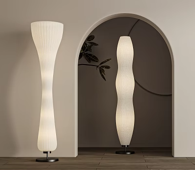 Modern Floor Lamp With White Textured Shade In Indoor Archway And Plant Leaves 3d model
