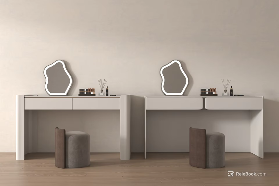 Modern White Dressing Tables With Irregular Mirrors Stools And Minimalist Design 3d model