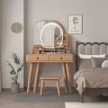 Cozy Bedroom With Wooden Dressing Table Mirror Stool Wall Art Clock And Plant