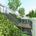 Outdoor Staircase With Metal Railing Lush Greenery And Background Buildings On Sunny Day