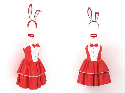 Red Rabbit Costume Dress With Ears Headband And Bow Tie Accents For Cosplay 3d model