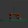 Wooden Fishing Bench With Curved Rod Straw Hat And Lily Pads On Water
