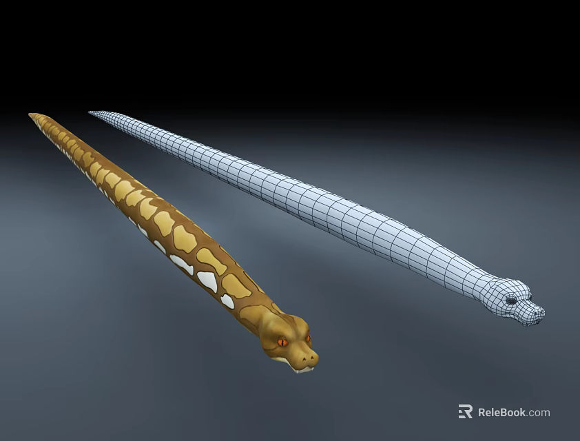 Reptile Snake 3D Model With Yellow White Spots And Wireframe Design On Dark Background 3d model 