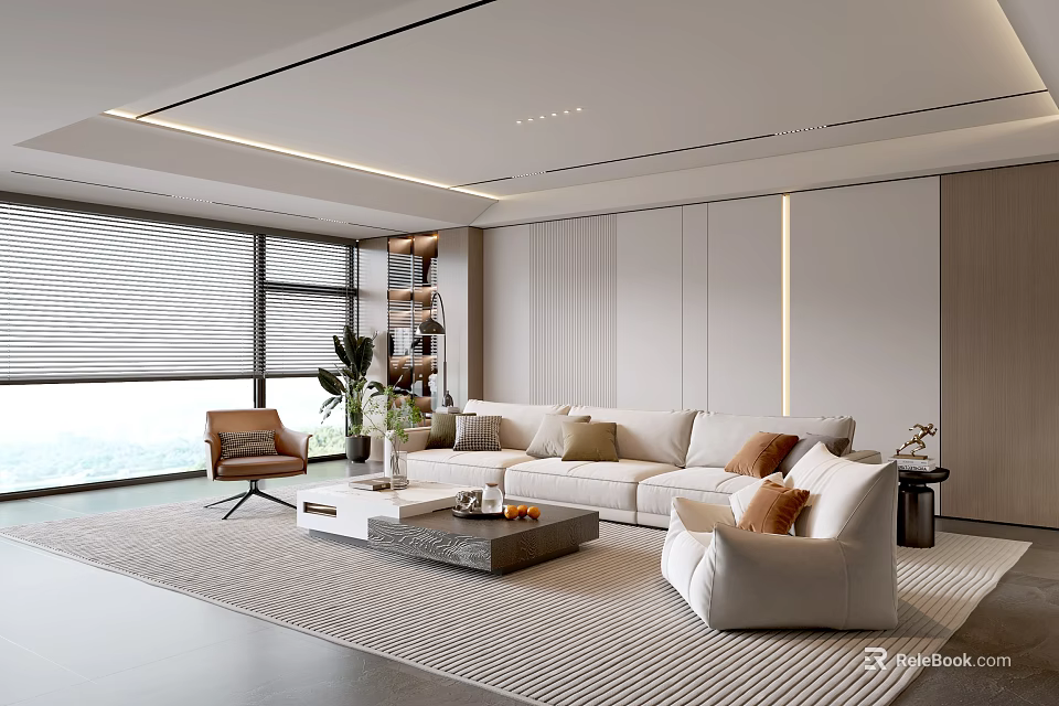 Modern Living Room Interior With Large Windows Blinds Beige Sofa Coffee Table And Armchair 3d model 