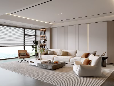Modern Living Room Interior With Large Windows Blinds Beige Sofa Coffee Table And Armchair 3d model