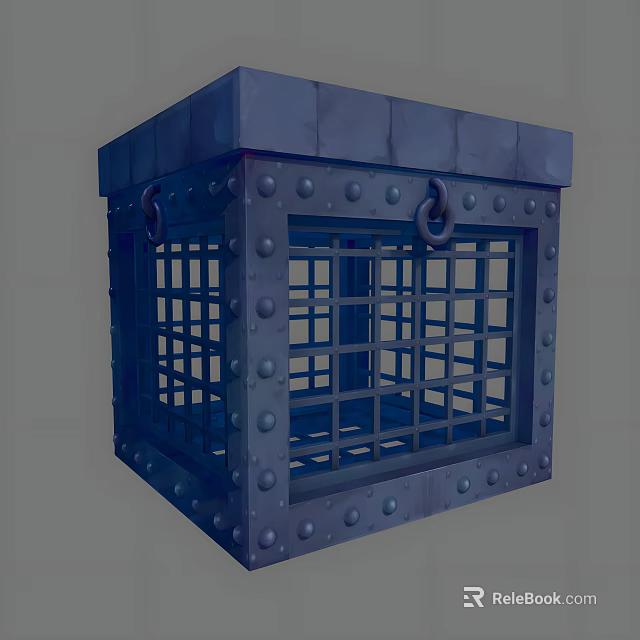 Blue Metal Cage With Riveted Design Grid Bars And Ring Handles 3d model