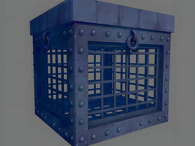 Blue Metal Cage With Riveted Design Grid Bars And Ring Handles 3d model