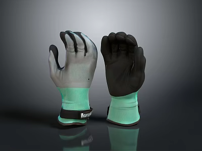 Household Protective Work Gloves with Gray White and Black Design and Light Green Cuffs 3d model