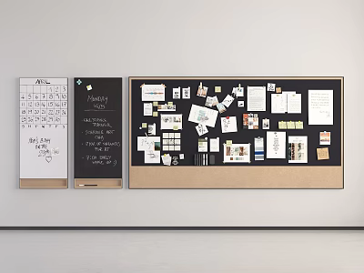 Home Office Wall With Calendar Chalkboard And Bulletin Board Covered In Notes Photos And Papers 3d model