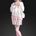 Woman With Pink Hair In White Sweatshirt And Pink Plaid Skirt With Cartoon Graphic