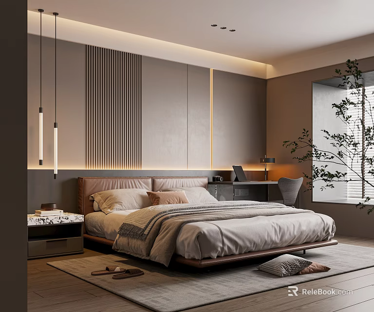 Modern Bedroom Interior With Warm Tones Large Bed Vertical Striped Headboard Wall And Hanging Lights 3d model 