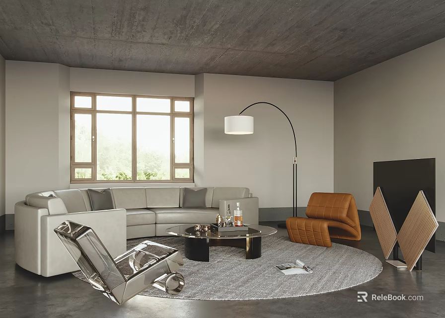 Modern Living Room Interior With Gray Sofa Orange Accent Chair Floor Lamp Round Rug And Large Window 3d model 