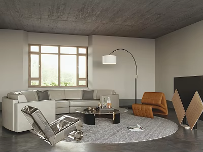 Modern Living Room Interior With Gray Sofa Orange Accent Chair Floor Lamp Round Rug And Large Window 3d model
