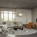 Modern Living Room Interior With Gray Sofa Orange Accent Chair Floor Lamp Round Rug And Large Window