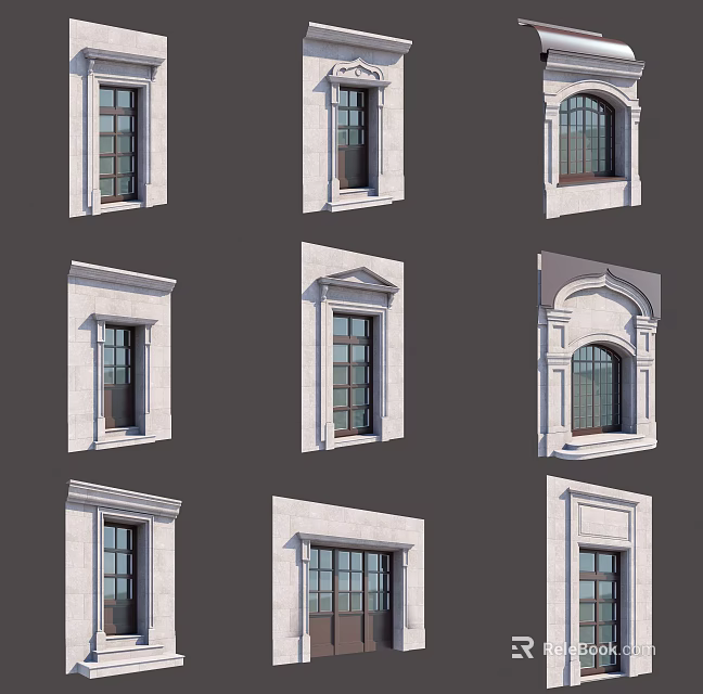 Casement Windows Featuring Various Architectural Designs And Decorative Frame Details 3d model 