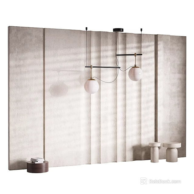 Textured Beige Bed Background Wall With Pendant Lights And Decorative Side Tables 3d model