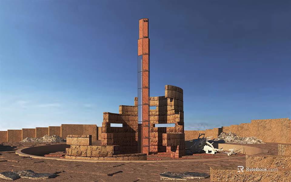 Modern Brick Architectural Installation With Tall Column And Irregular Blocks Under Open Sky 3d model