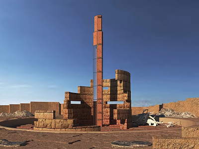 Modern Brick Architectural Installation With Tall Column And Irregular Blocks Under Open Sky 3d model