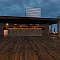 Rooftop Bar Outdoor Lounge With Sofa Table Wine Bread Umbrella And Evening View