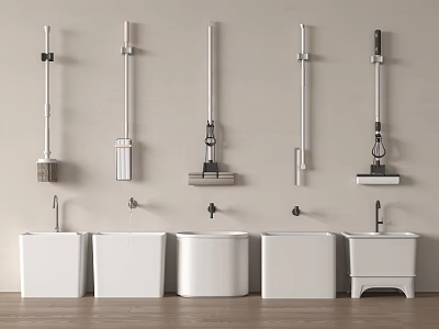 Wall Mounted Mops And Floor Cleaning Tools With White Mop Sinks 3d model