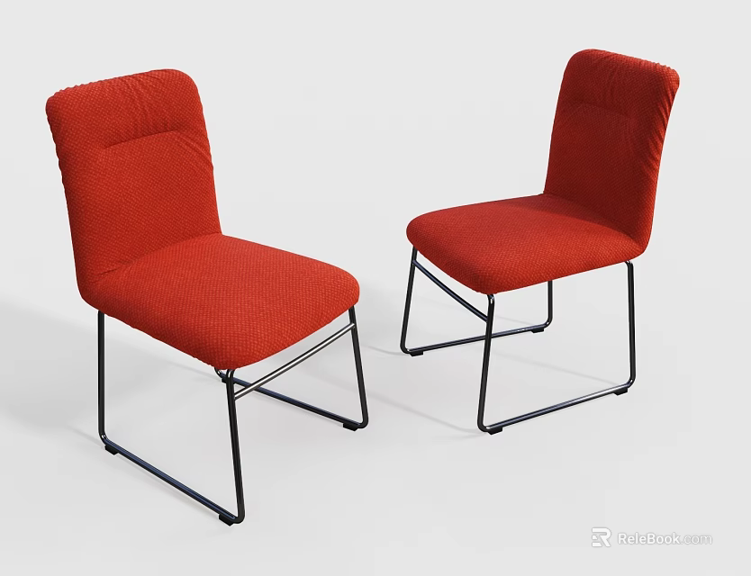 Two Red Modern Dining Chairs With Upholstered Seats And Black Metal Frames 3d model