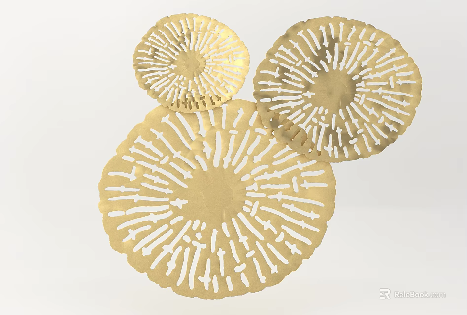 Three Golden Circular Carved Decorative Ornaments With Intricate Openwork Patterns 3d model