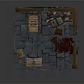 Cartoon Medieval Room Scene with Stone Walls Wooden Frame Arched Window Shield Candles and Chests