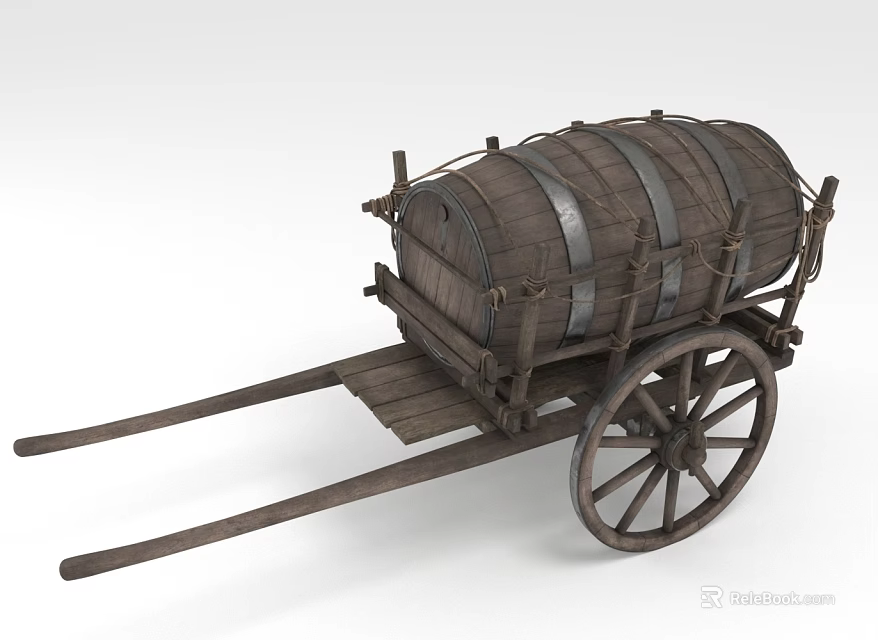 Vintage Wooden Cart With Large Wooden Barrel Metal Bands And Spoked Wheels 3d model 
