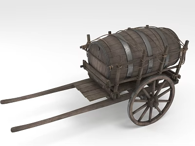 Vintage Wooden Cart With Large Wooden Barrel Metal Bands And Spoked Wheels 3d model