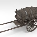 Vintage Wooden Cart With Large Wooden Barrel Metal Bands And Spoked Wheels