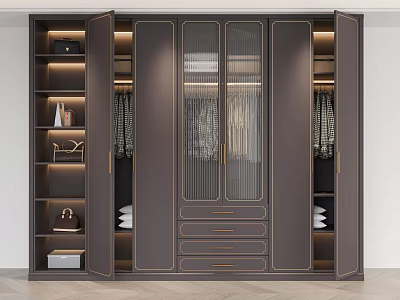 Modern Dark Gray Wardrobe Interior With Glass Doors LED Lighting Open Shelves And Drawers 3d model