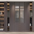 Modern Dark Gray Wardrobe Interior With Glass Doors LED Lighting Open Shelves And Drawers