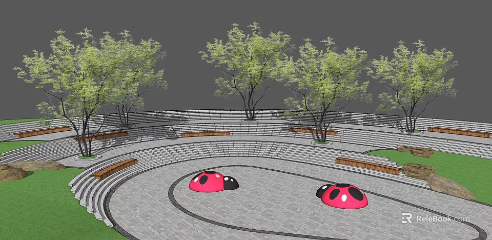 Outdoor Park Area Featuring Circular Pathway Pink Ladybug Shaped Objects Trees And Benches 3d model 