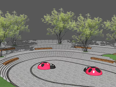 Outdoor Park Area Featuring Circular Pathway Pink Ladybug Shaped Objects Trees And Benches 3d model