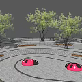 Outdoor Park Area Featuring Circular Pathway Pink Ladybug Shaped Objects Trees And Benches 3d model