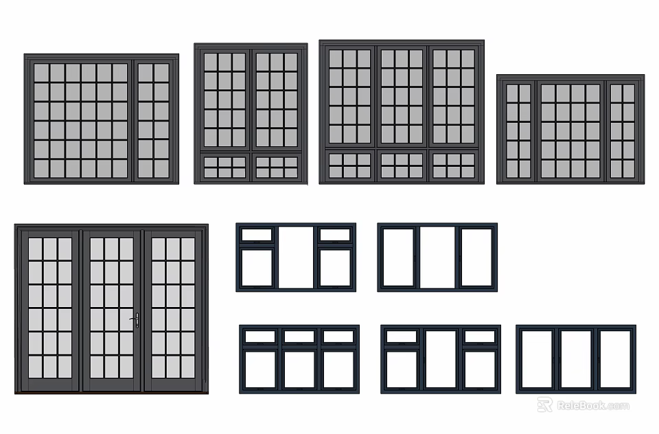 Different Window Designs With Grid Patterns And Various Sizes For Architecture 3d model