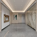 Modern Spacious Public Office Area With Glass Curtain Walls Marble Flooring And Art Paintings