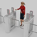Woman in Red Jacket Operating Security Checkpoint Gates with Gray Panels